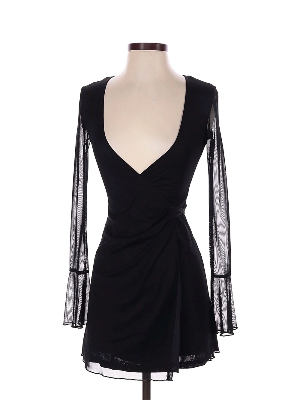 Princess Polly Black Sheer Mesh Sleeve Wrap Mini Dress